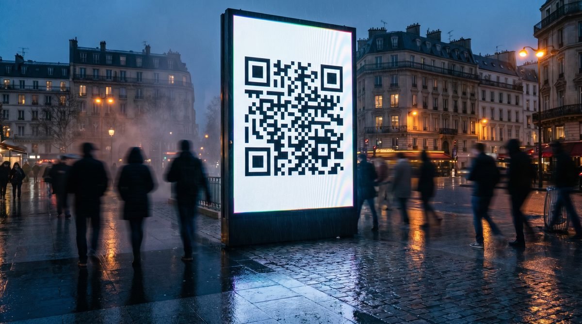 Panneau publicitaire urbain 4×3 m avec QR FTBL.fr en sortie de métro à Paris