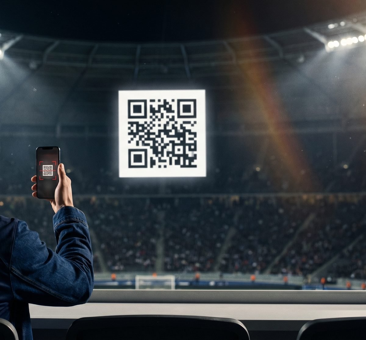 Spectateur scannant le QR FTBL.fr depuis les tribunes du stade